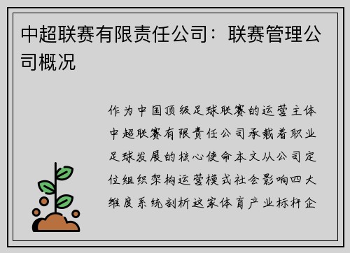 中超联赛有限责任公司：联赛管理公司概况