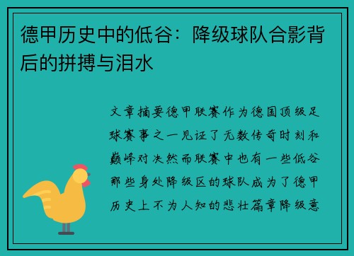 德甲历史中的低谷：降级球队合影背后的拼搏与泪水